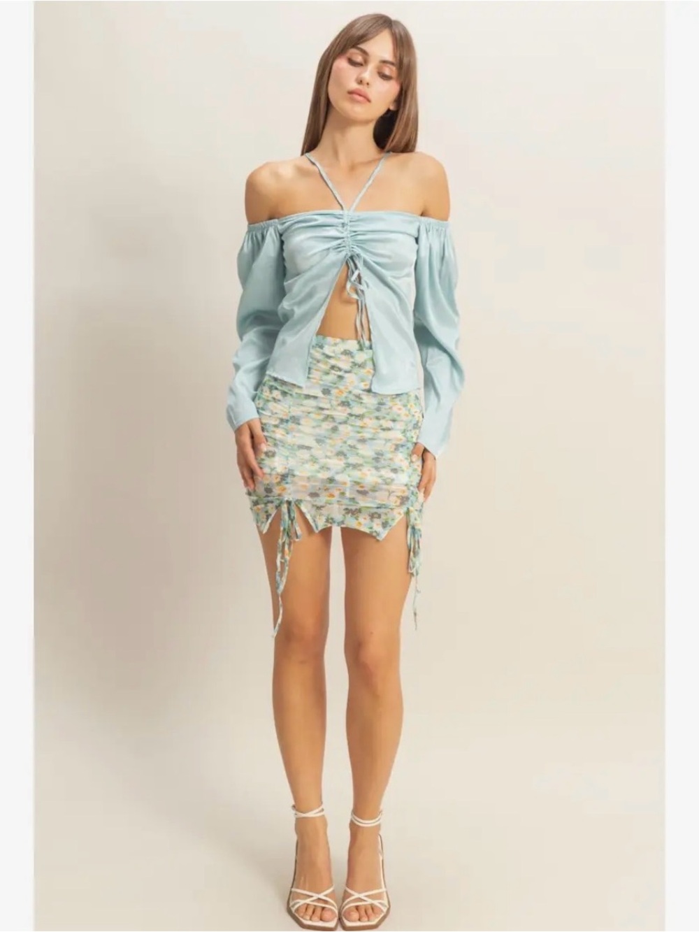 Satin Ruched Tie Front Blouse Light Blue Large NWT